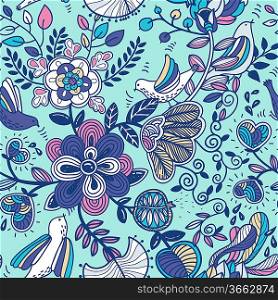 vector floral seamless pattern with colorful plants and flying birds