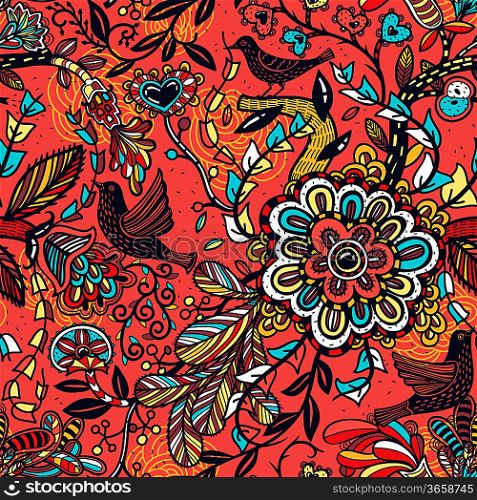 vector floral seamless pattern with colorful plants on a red background