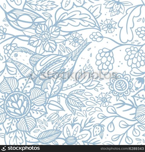 vector floral seamless pattern with cute birds and fantasy flowers