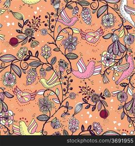 vector floral seamless pattern with cute little birds, flowers and fruits
