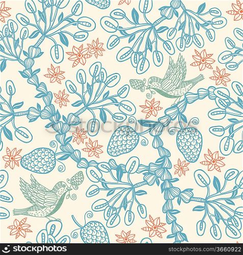 vector floral seamless pattern with decorative plants and birds