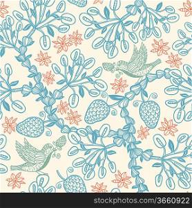 vector floral seamless pattern with decorative plants and birds