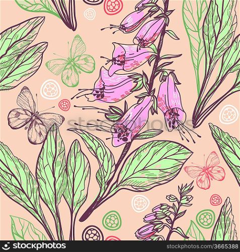 vector floral seamless pattern with digitalis and butterflies