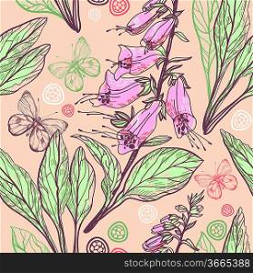 vector floral seamless pattern with digitalis and butterflies