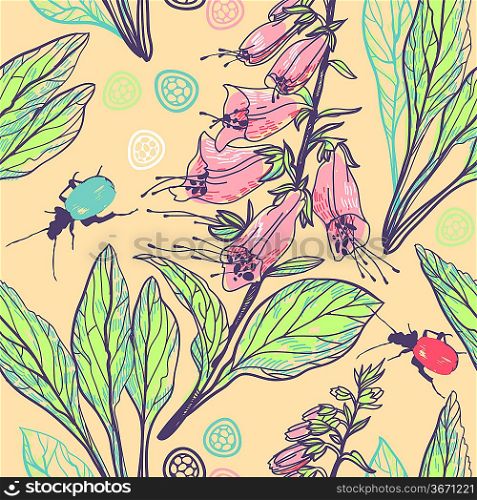 vector floral seamless pattern with digitalis and colorful bugs