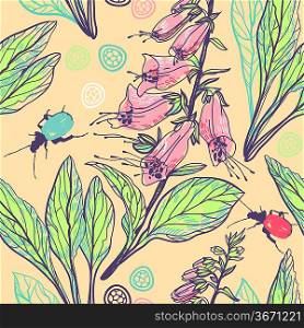 vector floral seamless pattern with digitalis and colorful bugs