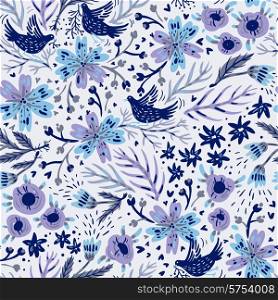 vector floral seamless pattern with fantasy birds and blooms