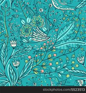 vector floral seamless pattern with fantasy birds and plants