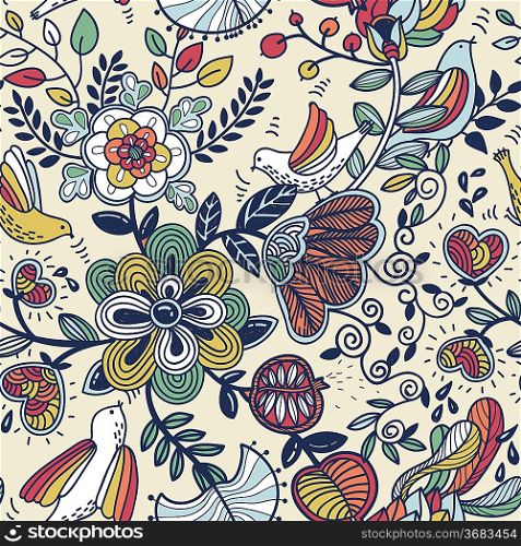 vector floral seamless pattern with fantasy birds, plants and fruits