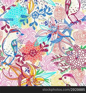 vector floral seamless pattern with fantasy flowers and birds