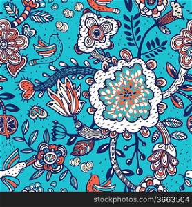 vector floral seamless pattern with fantasy flowers on a blue background