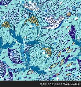 vector floral seamless pattern with fantasy plants and birds