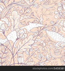 vector floral seamless pattern with fantasy plants and cute animals