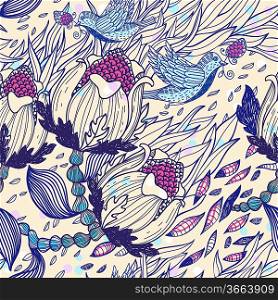 vector floral seamless pattern with fantasy plants and flying birds