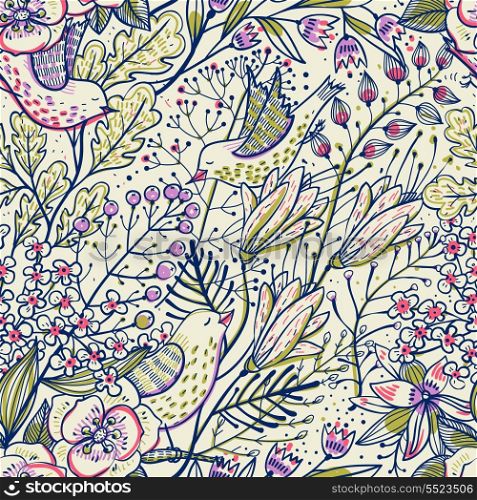 vector floral seamless pattern with fantasy plants, flowers and birds