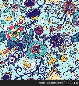 vector floral seamless pattern with fatasy plants,flowers and birds