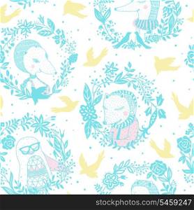 vector floral seamless pattern with floral wreathes and cute animals