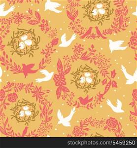 vector floral seamless pattern with floral wreathes, birds and nests