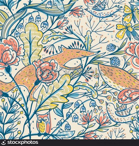 vector floral seamless pattern with flowers and foxes