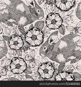 vector floral seamless pattern with flowers and rabbits