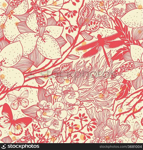 vector floral seamless pattern with flowers, butterflies and dragonflies