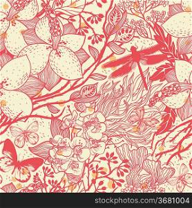 vector floral seamless pattern with flowers, butterflies and dragonflies