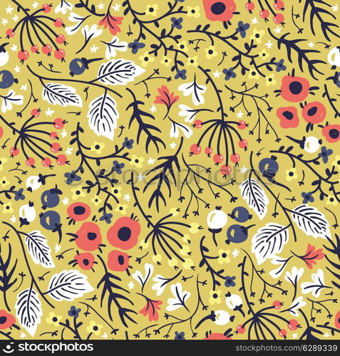 vector floral seamless pattern with flowers, leaves and berries on a bright yellow background