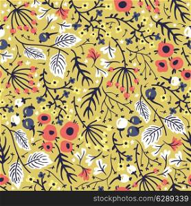 vector floral seamless pattern with flowers, leaves and berries on a bright yellow background