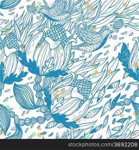 vector floral seamless pattern with flying birds and abstract plants