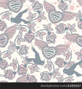 vector floral seamless pattern with flying birds and vintage roses