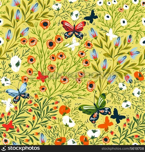 vector floral seamless pattern with flying butterflies and blooming flowers