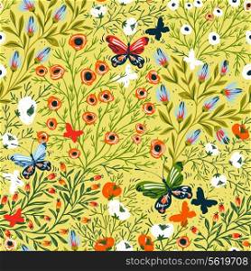 vector floral seamless pattern with flying butterflies and blooming flowers
