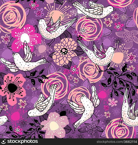 vector floral seamless pattern with flying doves and blooming roses