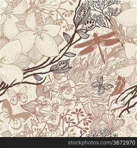 vector floral seamless pattern with garden flowers and butterflies on a beige backgriund