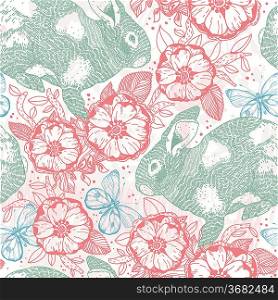 vector floral seamless pattern with green rabbits, flowers and butterflies