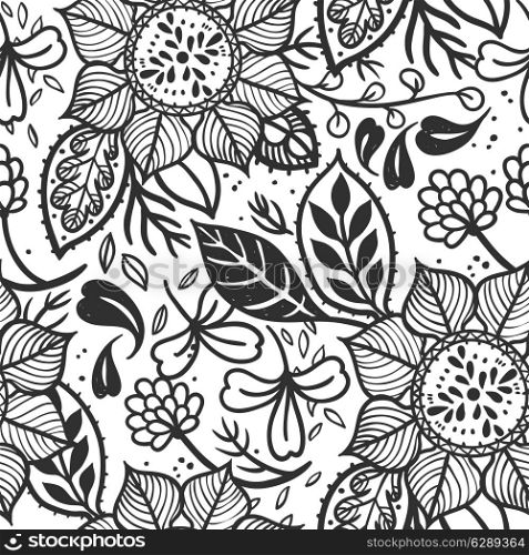 vector floral seamless pattern with hand drawn abstract flowers and plants