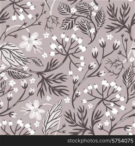 vector floral seamless pattern with hand drawn berries,flowers and leaves