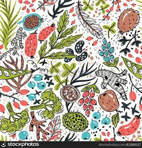 vector floral seamless pattern with hand drawn berries, vegetables and greens