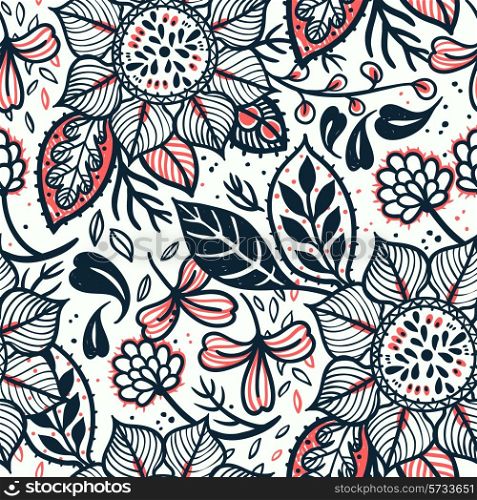 vector floral seamless pattern with hand drawn folk flowers and plants