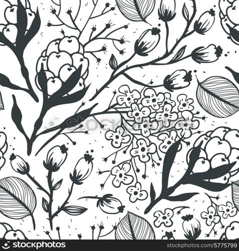 vector floral seamless pattern with hand drawn herbs and berries