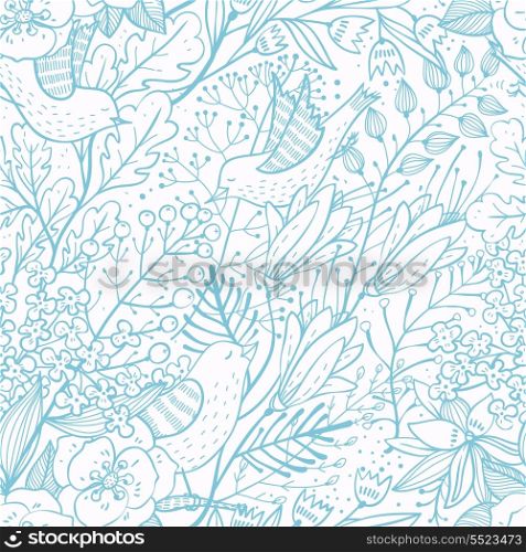 vector floral seamless pattern with hand drawn herbs and birds