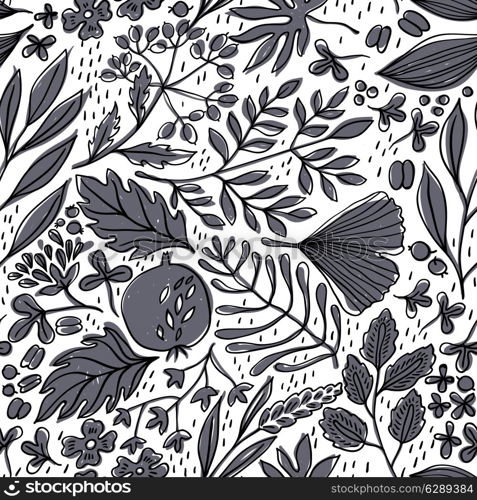 vector floral seamless pattern with hand drawn leaves and fruits