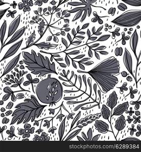 vector floral seamless pattern with hand drawn leaves and fruits