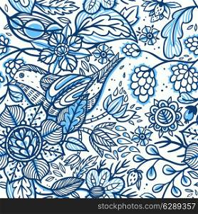 vector floral seamless pattern with hand drawn plants and birds
