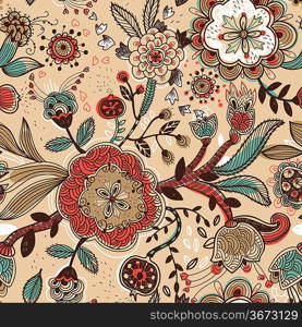 vector floral seamless pattern with hand drawn plants, fruits and flowers