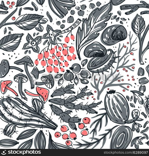 vector floral seamless pattern with hand drawn plants, mushrooms and berries