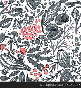 vector floral seamless pattern with hand drawn plants, mushrooms and berries