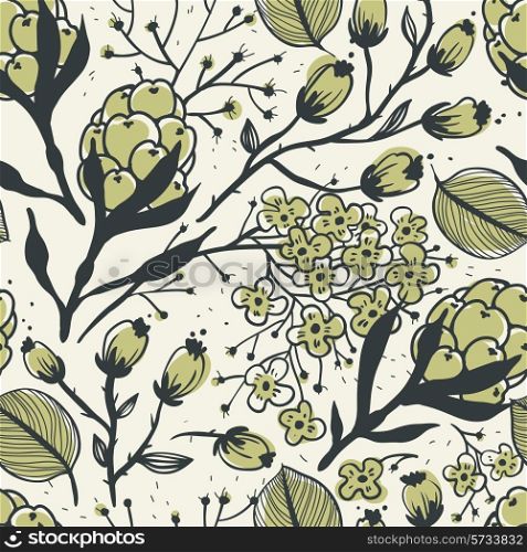 vector floral seamless pattern with hand drawn sketchy plants and flowers