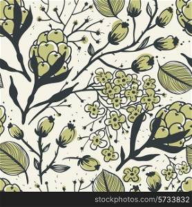 vector floral seamless pattern with hand drawn sketchy plants and flowers
