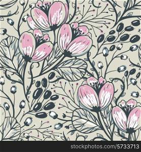 vector floral seamless pattern with hand drawn vintage blooms and berries